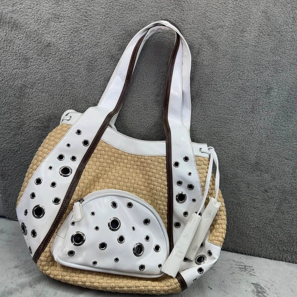 Sharif Studio Straw Hobo Bag Women Large‎ White Beige Good Woven Grommet Tote